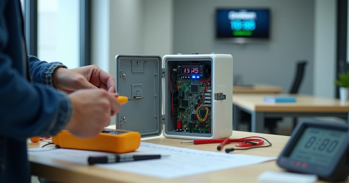 Técnico ajustando relógio de ponto aberto em bancada de manutenção 