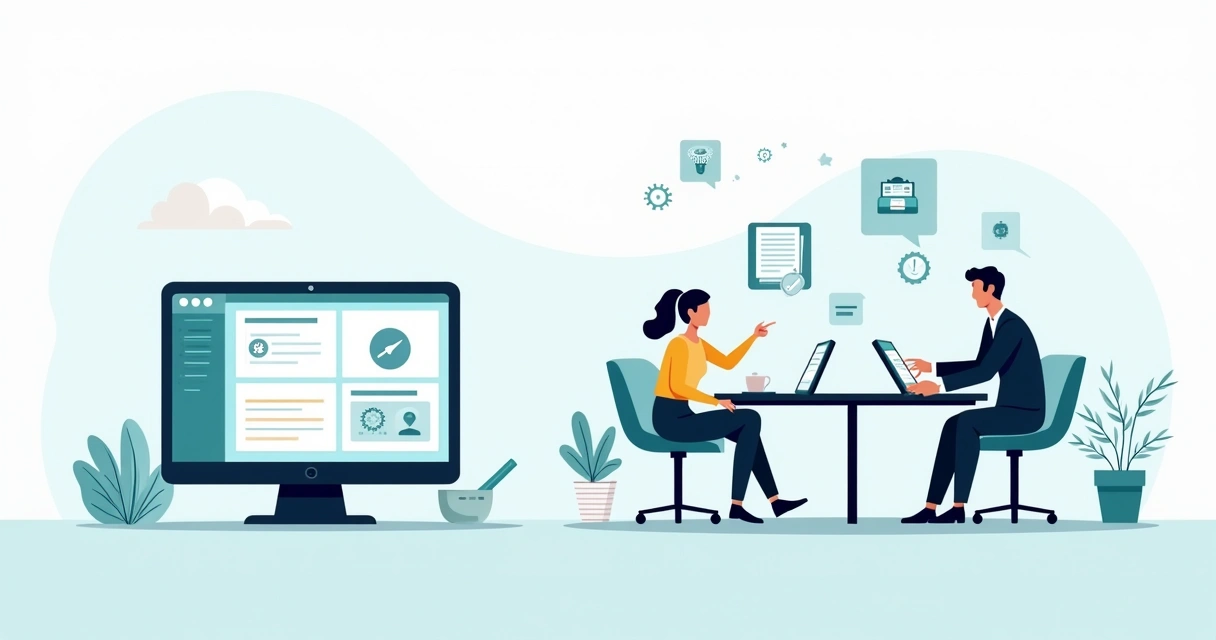 Ilustração de contrato recorrente de manutenção de site com ícones de calendário e ferramentas digitais 