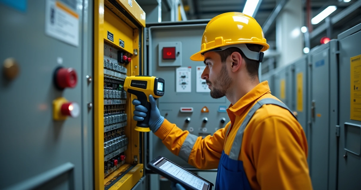 Técnico inspecionando quadro elétrico com câmera térmica 