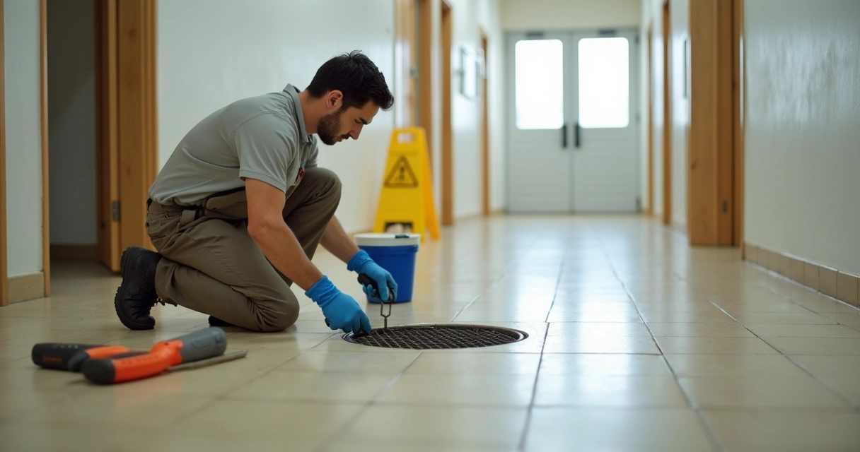 Técnico a verificar ralo em corredor escolar 