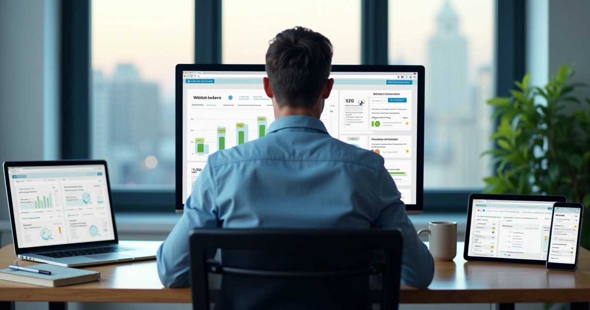 Profissional monitorando painel de manutenção recorrente de sites em vários dispositivos 