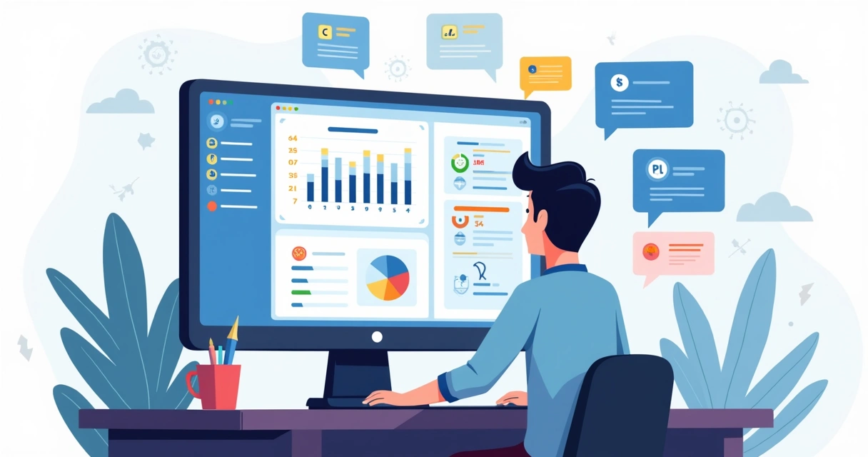 Profissional monitorando manutenção recorrente de sites em painel com gráficos e ícones de segurança 