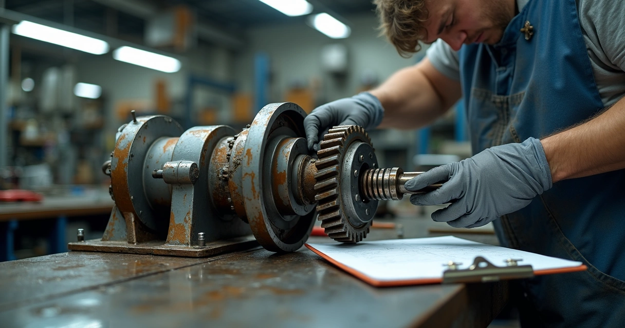 Técnico realizando manutenção em redutor industrial antigo 