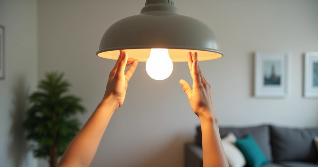Duas mãos trocando uma lâmpada em um cômodo de residência alugada