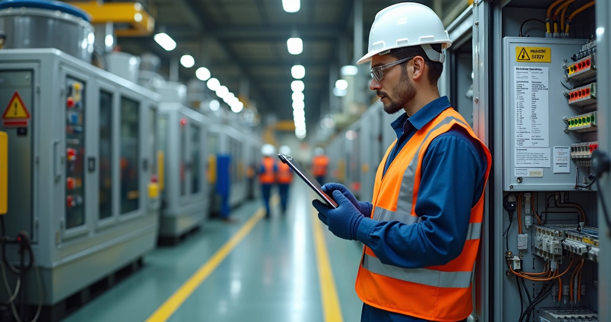 Técnico verificando painel elétrico industrial com equipamentos de proteção e sinalização de segurança 