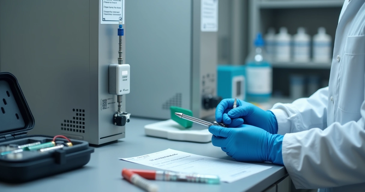 Técnico ajustando sensor autônomo em equipamento de laboratório 