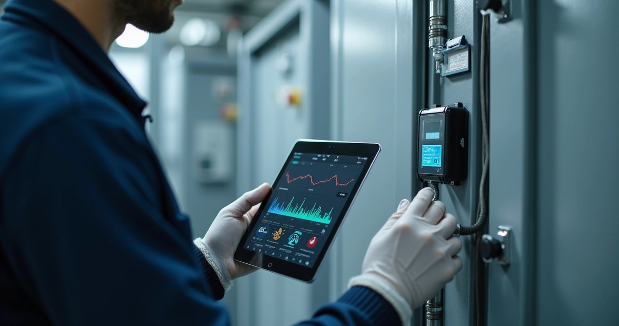 Técnico verificando sensor IoT em painel industrial 