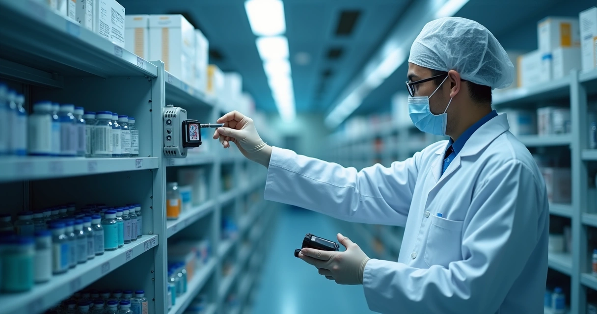 Technician checking sensors in a cold chamber