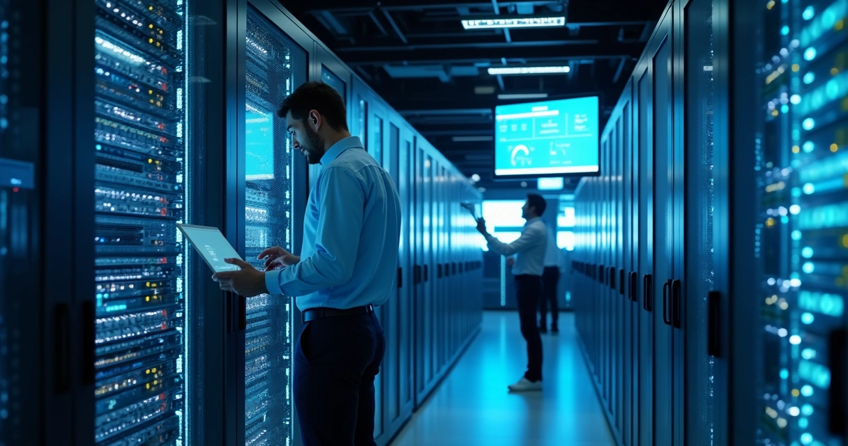 Técnico abrindo servidor para manutenção em data center 