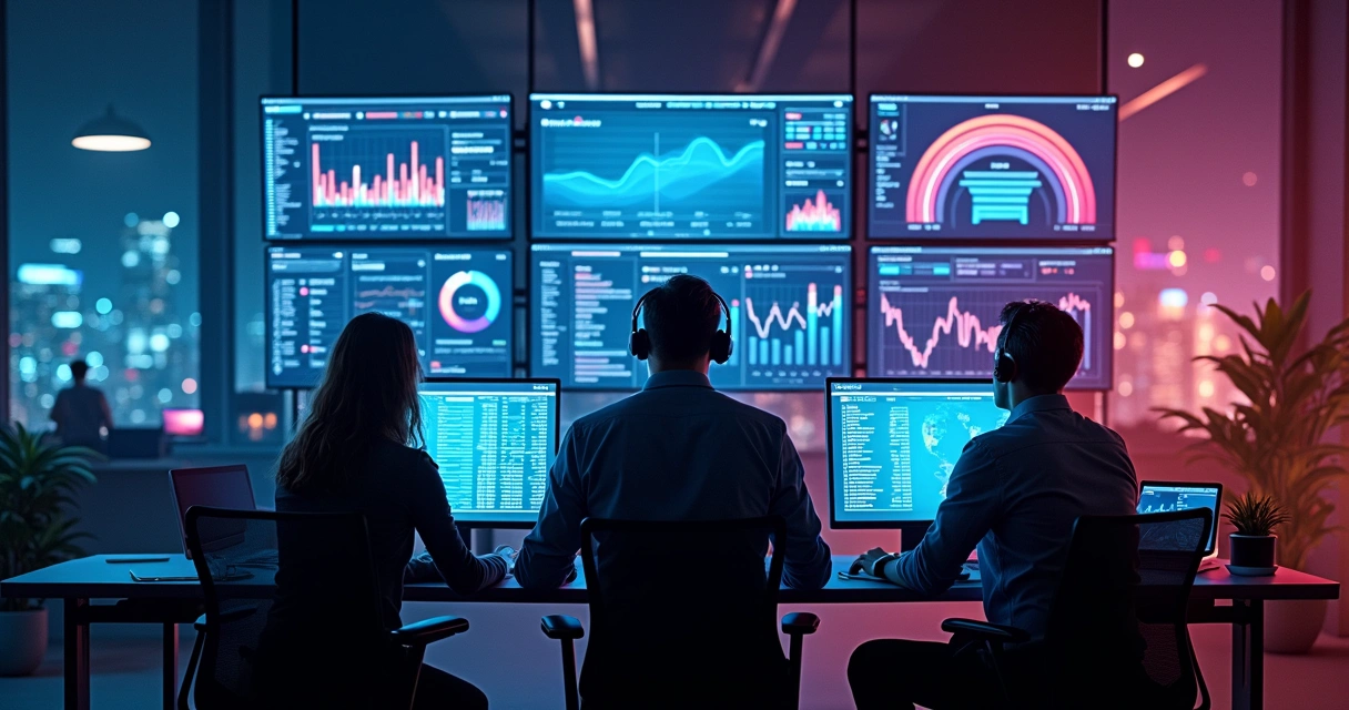 Equipe de suporte monitorando painel de controle de site corporativo 