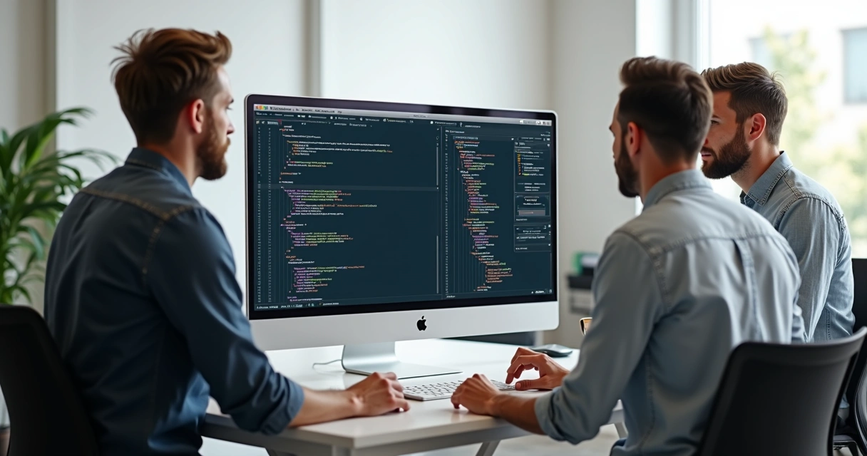 Equipe técnica observando tela com código e interface gráfica de site 