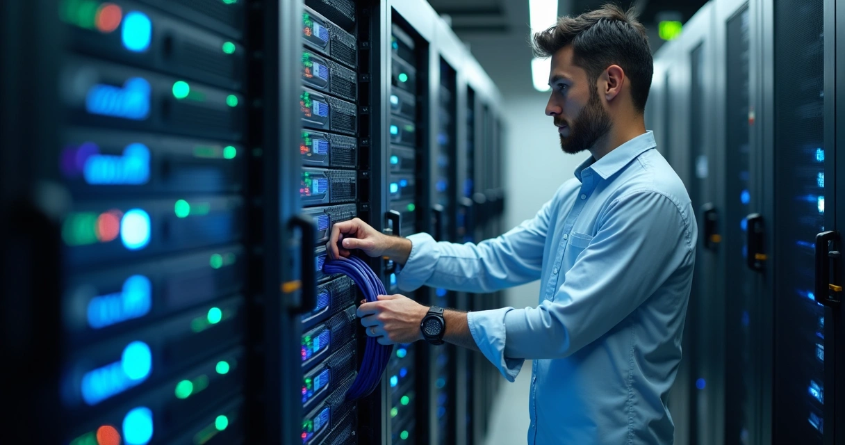 Técnico ajustando servidor de hospedagem 