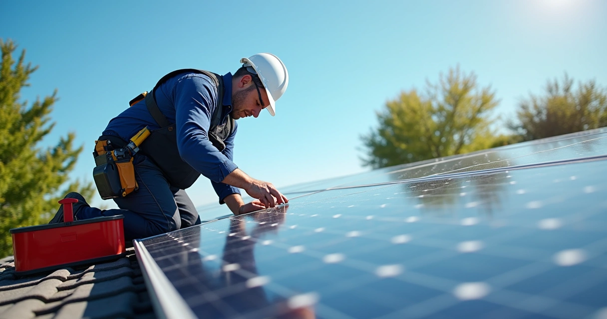 Técnico inspecionando painel solar com ferramentas 