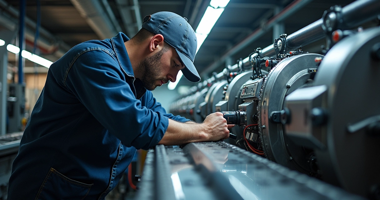 Técnico de manutenção ajustando porta automática com ferramentas 