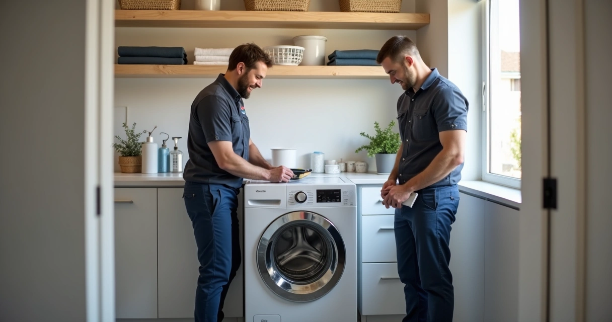 Técnico trabalhando na máquina de lavar em casa do cliente 