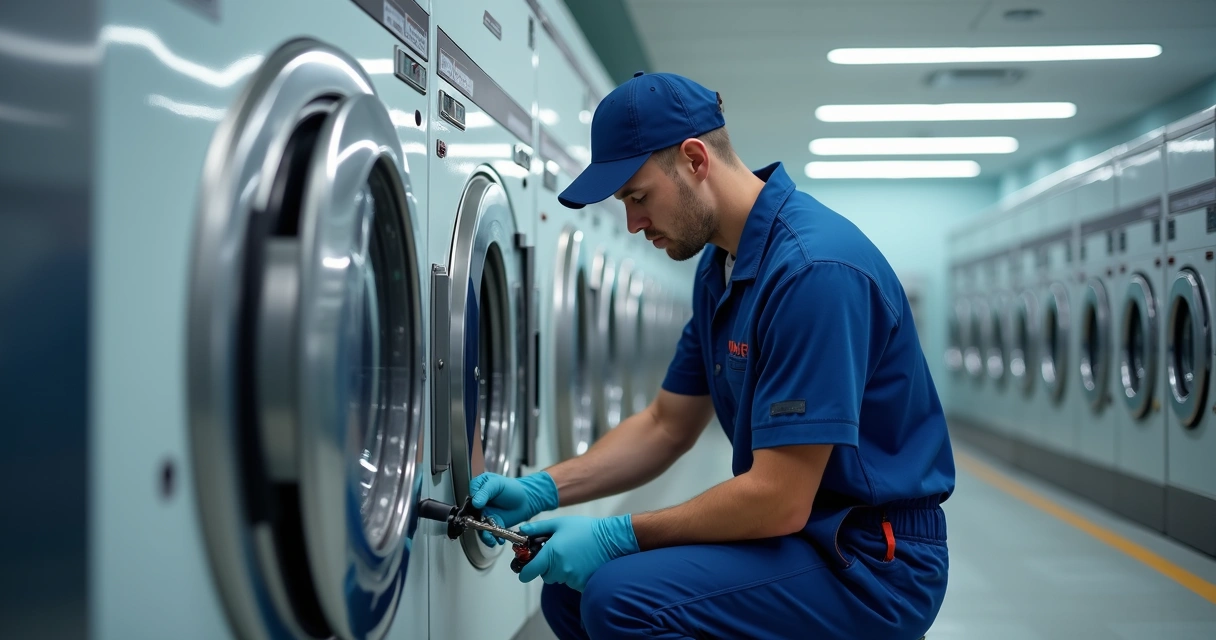 Técnico uniformizado consertando lavadora WAP 