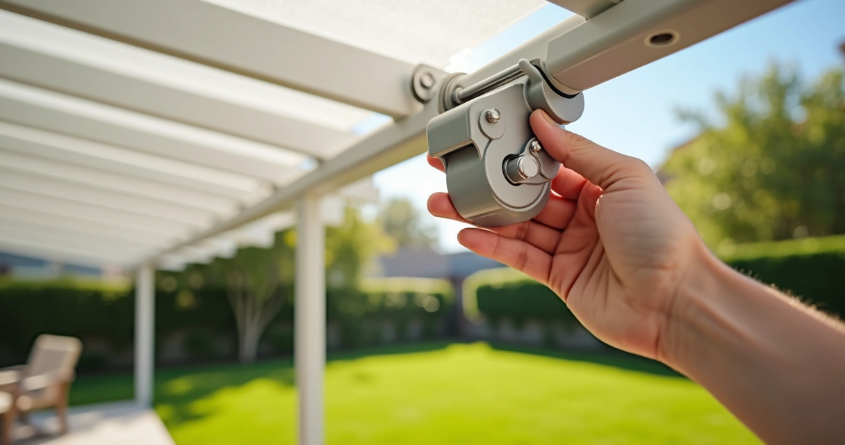 Mão segurando manivela de toldo, mecanismos manuais, próximo a uma estrutura de pérgola em um quintal ensolarado 