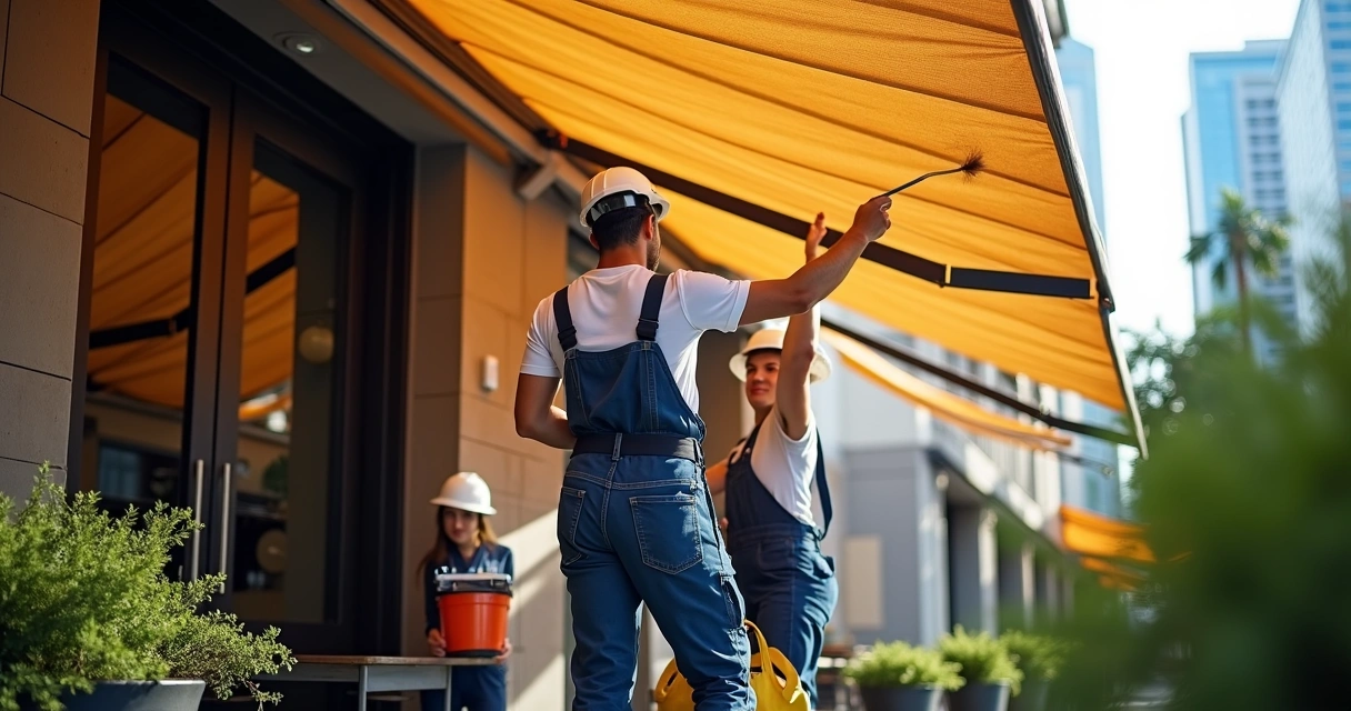 Equipe técnica inspecionando e limpando toldo para restaurantes 