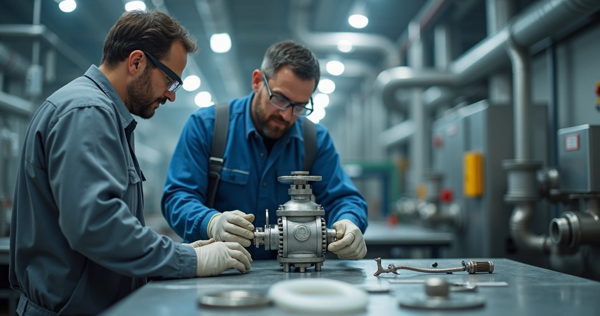 Técnico inspecionando válvula industrial com sede de PTFE