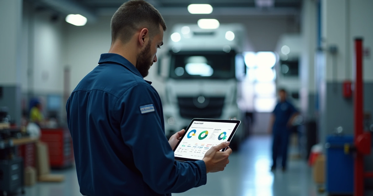 Mecânico checando veículo com tablet na oficina para medir KPIs 