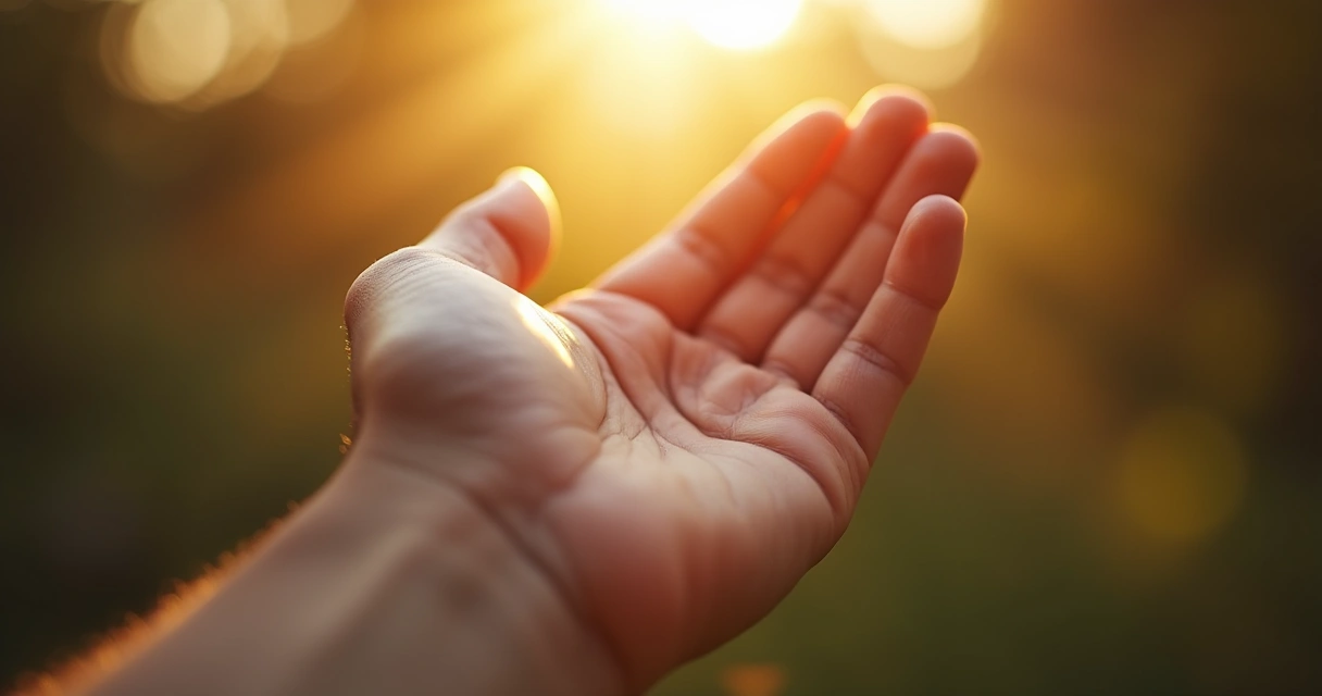 Mão aberta recebendo luz suave, simbolizando perdão