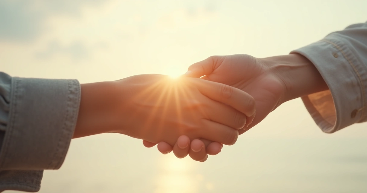 Mão estendida ajudando outra mão a se levantar, sobre um fundo neutro e claro. 