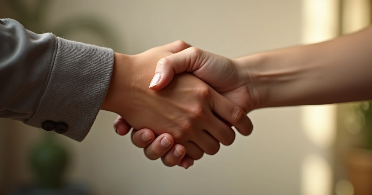 Duas mãos se apertando com firmeza, transmitindo confiança e respeito. 
