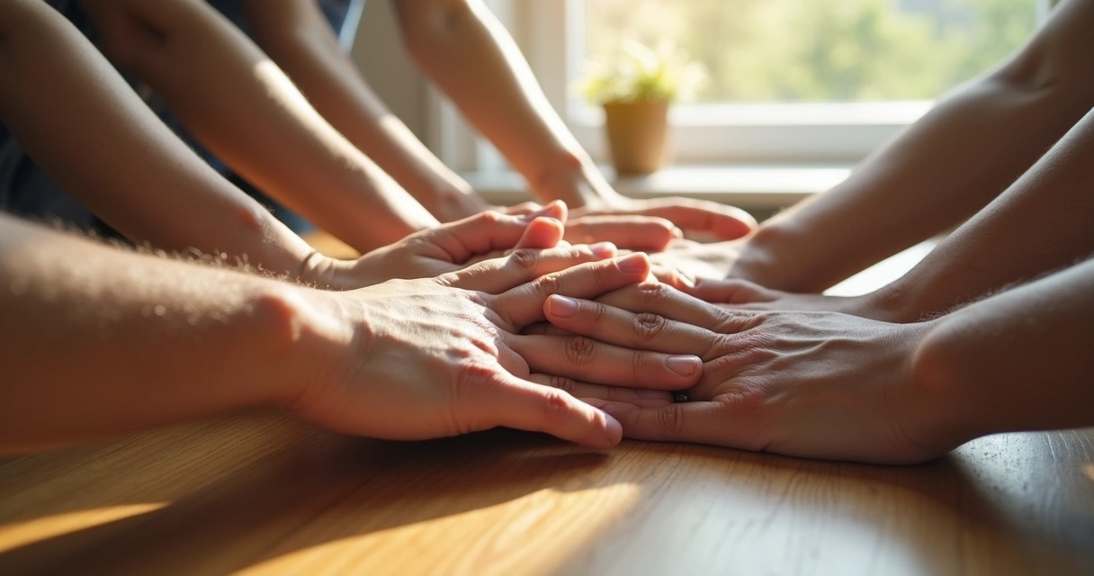 Mãos se apoiando em círculo em reunião de apoio 