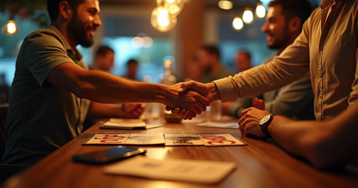 Cliente em bar apertando a mão de promotora ao lado de material de mídia offline sobre a mesa 