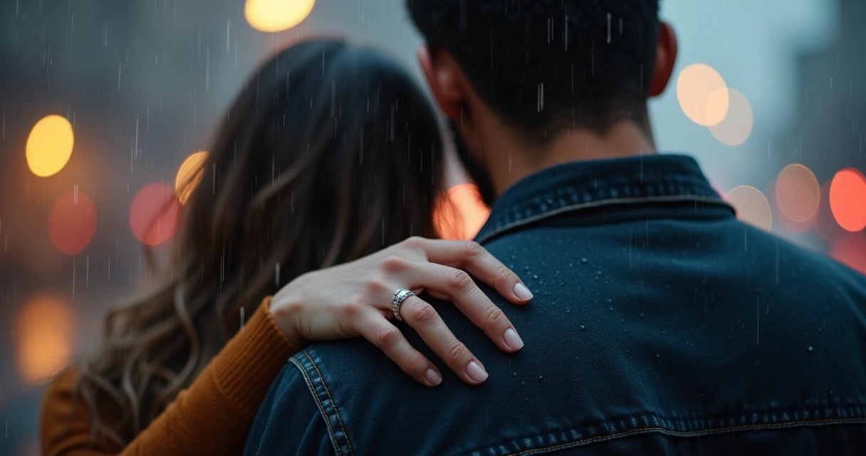 Mão apoiando o ombro de uma pessoa de costas, ambas sob chuva. 