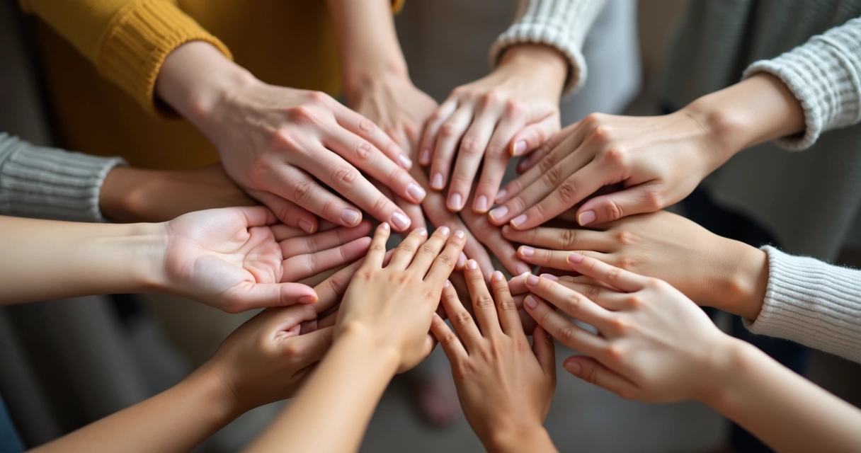 Mãos de diferentes pessoas sobrepostas em gesto de apoio familiar 