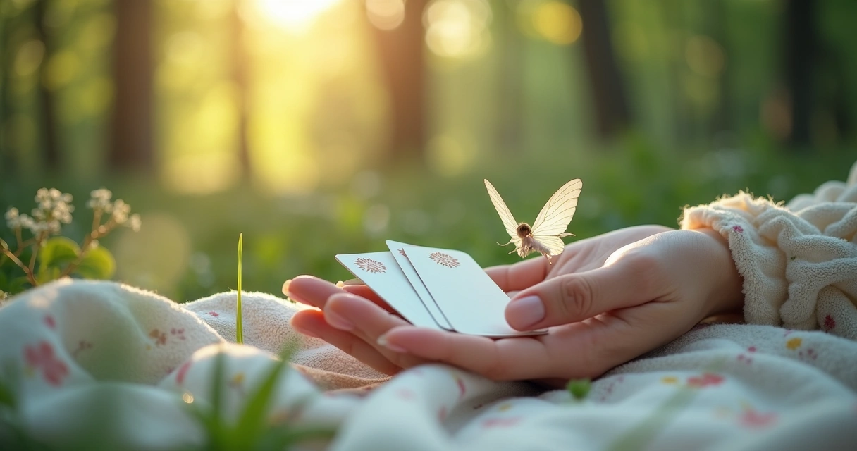 Mão segurando cartas de oráculo das fadas sobre toalha na floresta