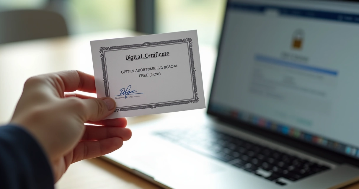 Pessoa segurando um certificado digital impresso junto a um notebook 