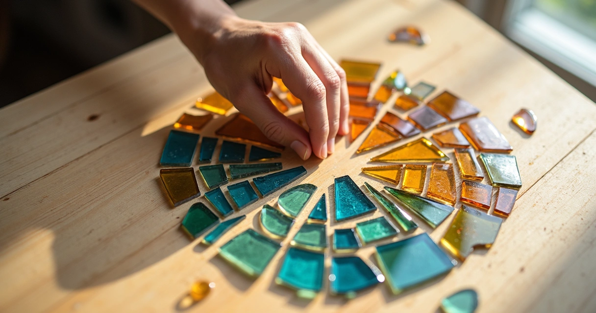 Mão colando peças de vidro colorido quebrado formando um círculo harmonioso 