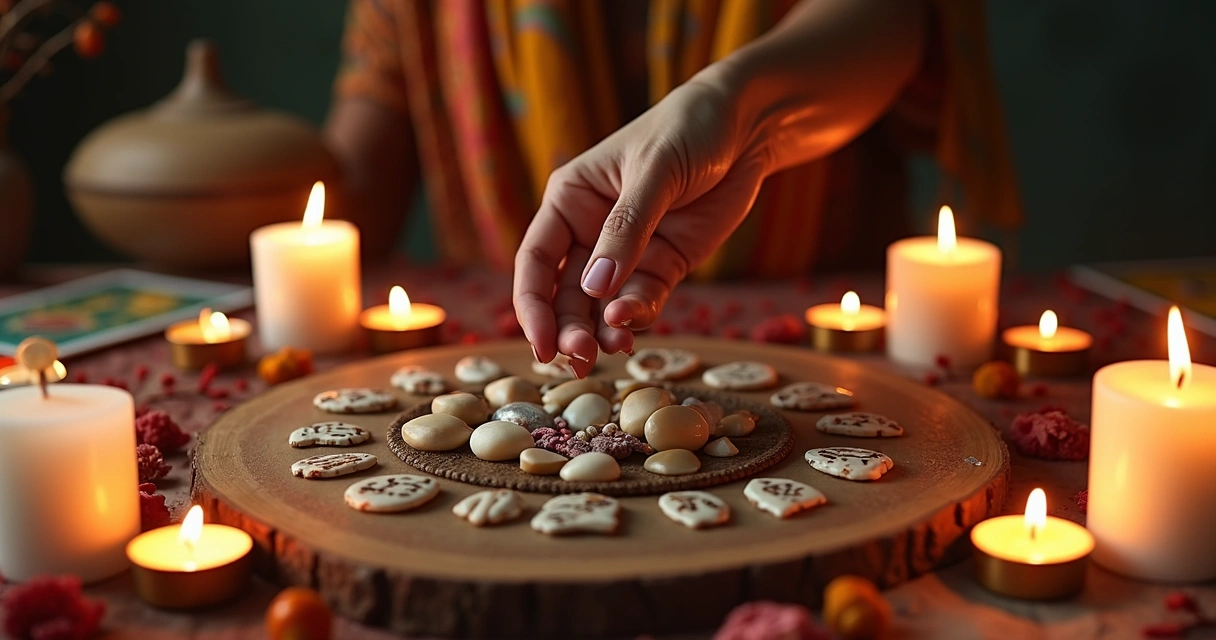Mão feminina jogando búzios sobre mesa com velas acesas 