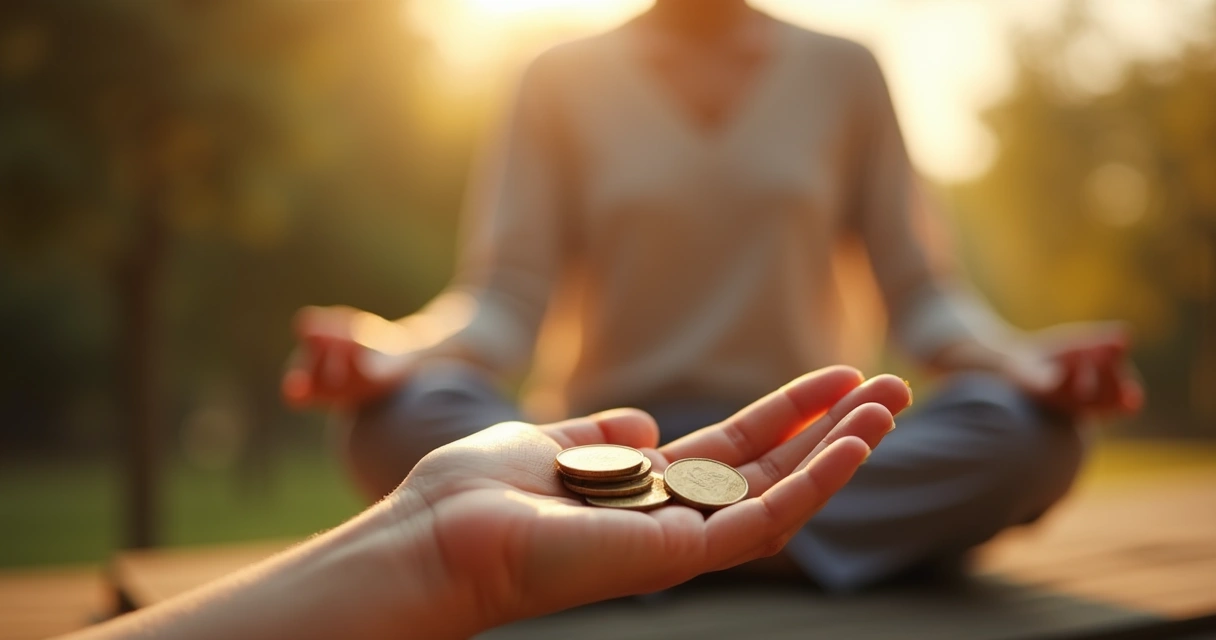 Mão aberta com moedas, pessoa meditando ao fundo