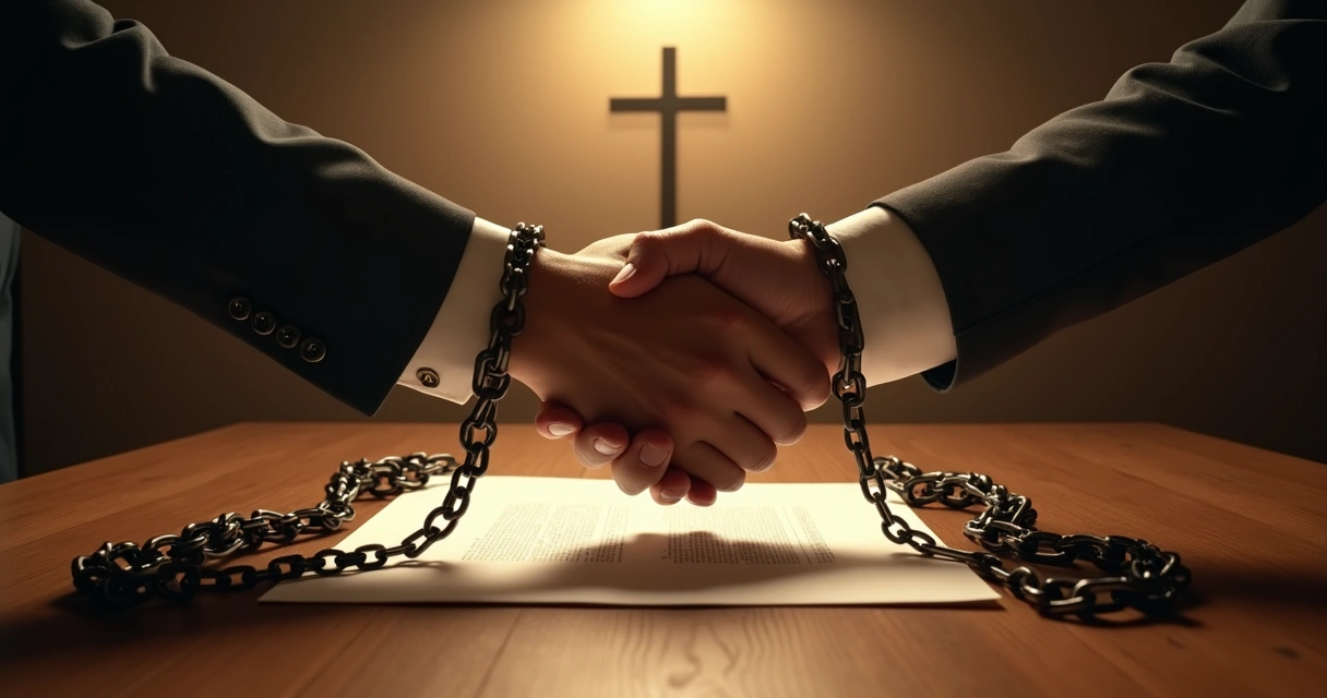 Duas mãos apertando um contrato cercado por correntes sombreadas 