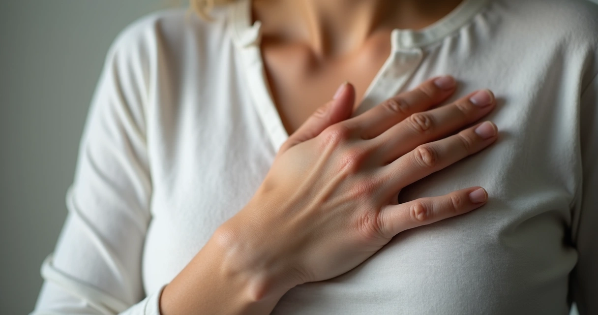 Mão repousando sobre o coração, gesto de autocuidado e validação emocional, fundo neutro.