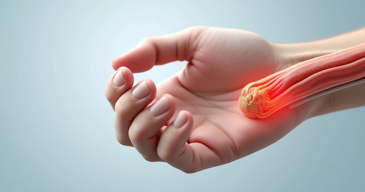 Ilustração mostrando dedo da mão com polia espessada e tendão flexor dificultando o movimento 