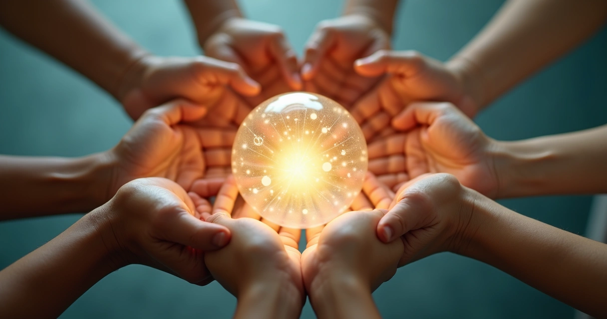 Mãos diversas segurando esfera luminosa com símbolos de conexão 