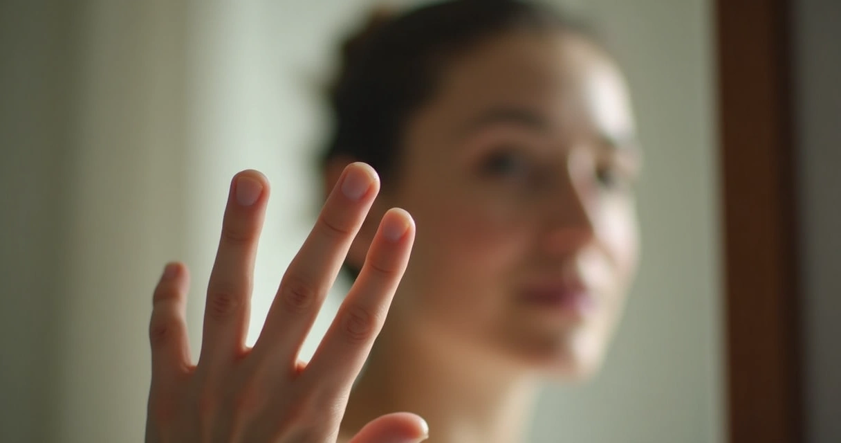 Mão tocando um espelho reflete o toque de forma suave e calma