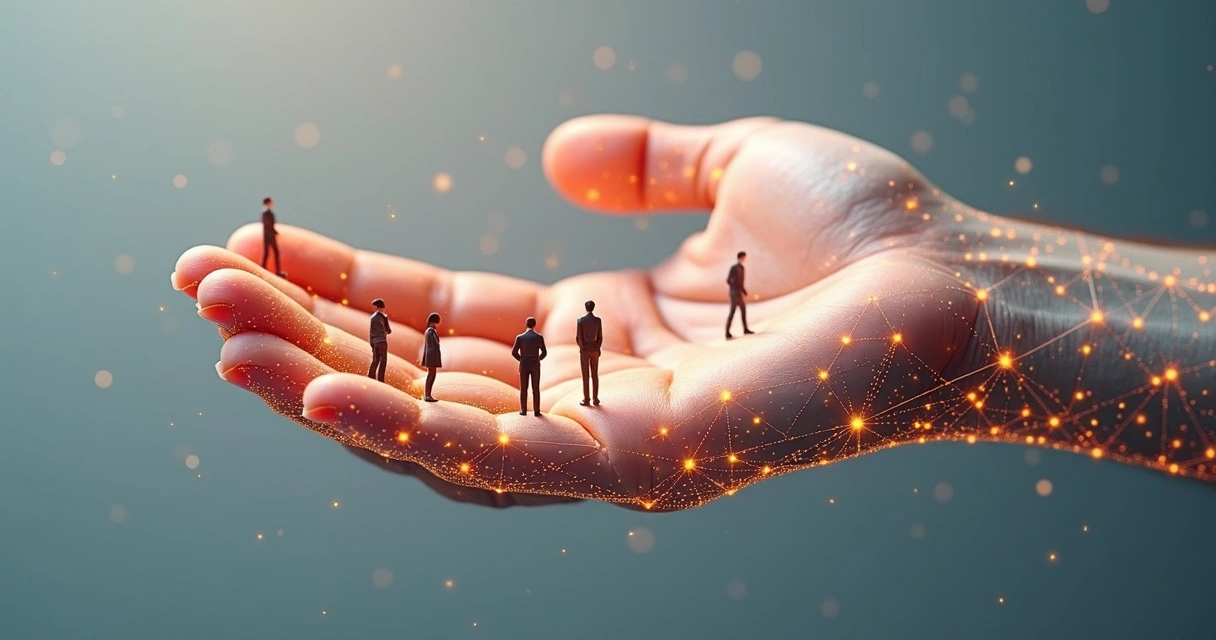 Mão formada por linhas conectando pequenas figuras de pessoas 