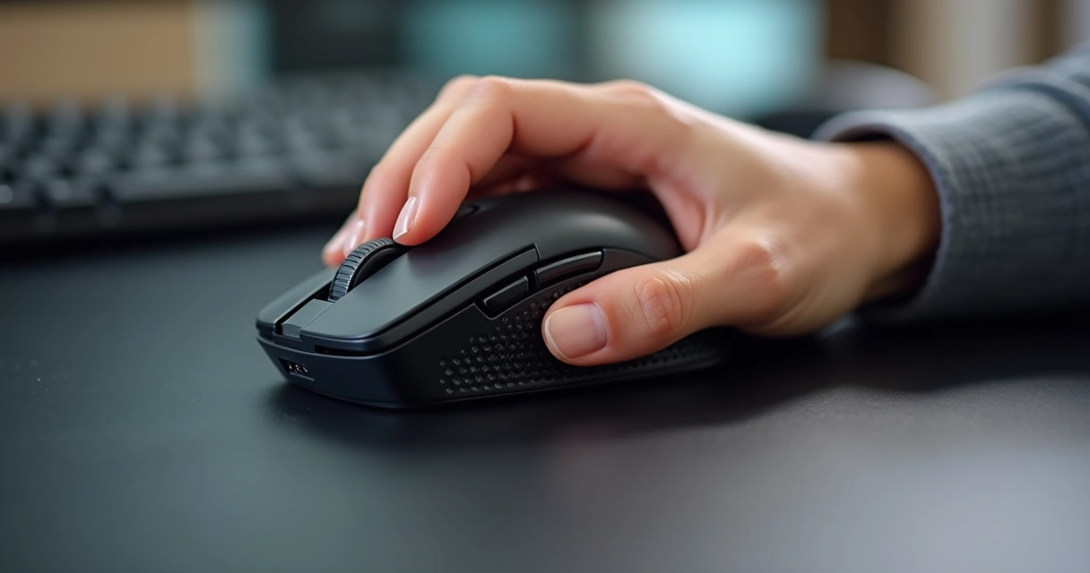 Pessoa segurando mouse ergonômico, destacando o encaixe confortável da mão. 