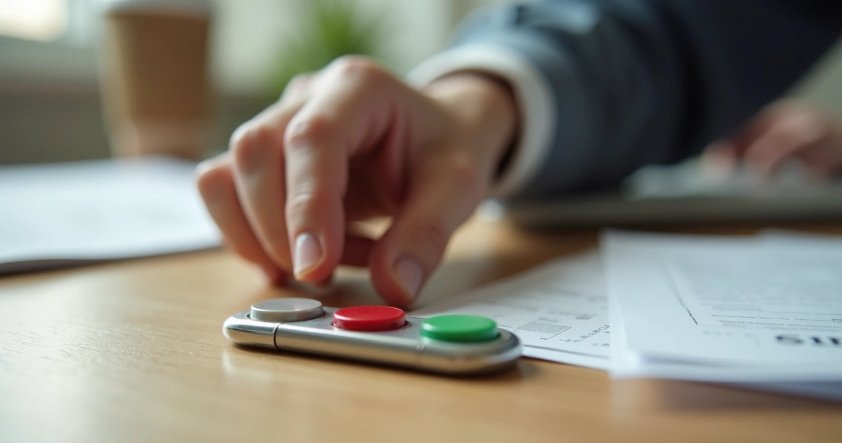 Mão escolhendo entre dois botões em uma superfície de madeira