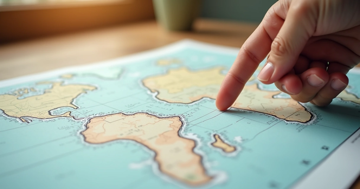 Mão apontando para diferentes caminhos em um mapa desenhado 