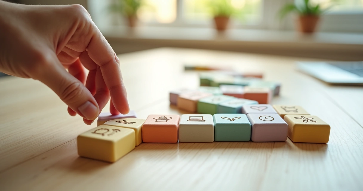 Mão escolhendo pequenos cubos coloridos formando um caminho de decisões 