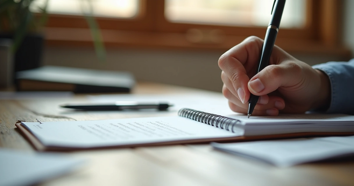 Mão de pessoa escrevendo decisões importantes em caderno