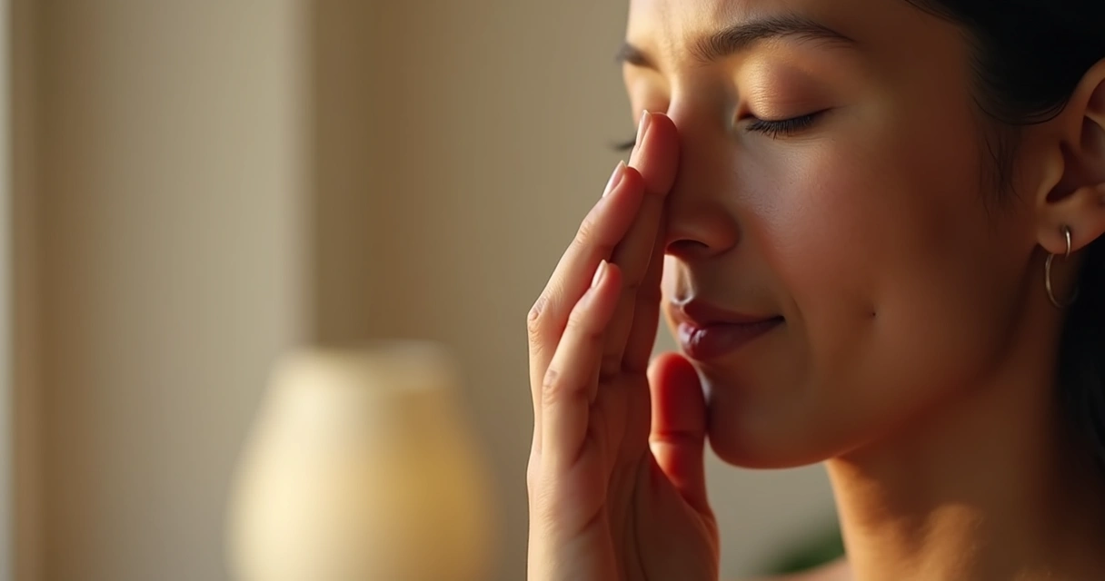 Mão de adulto fechando suavemente a narina direita para respiração alternada 