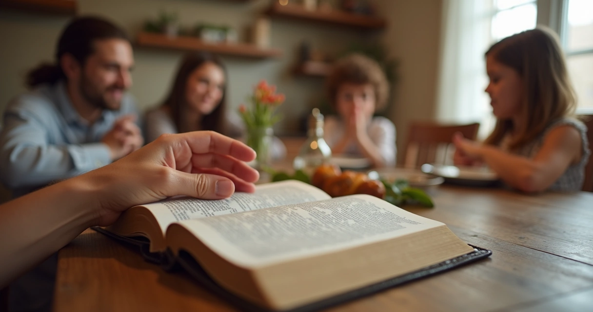 Mão feminina segurando Bíblia diante de família reunida à mesa 