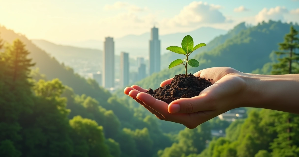 Mão humana segurando muda de árvore com floresta e cidade ao fundo 